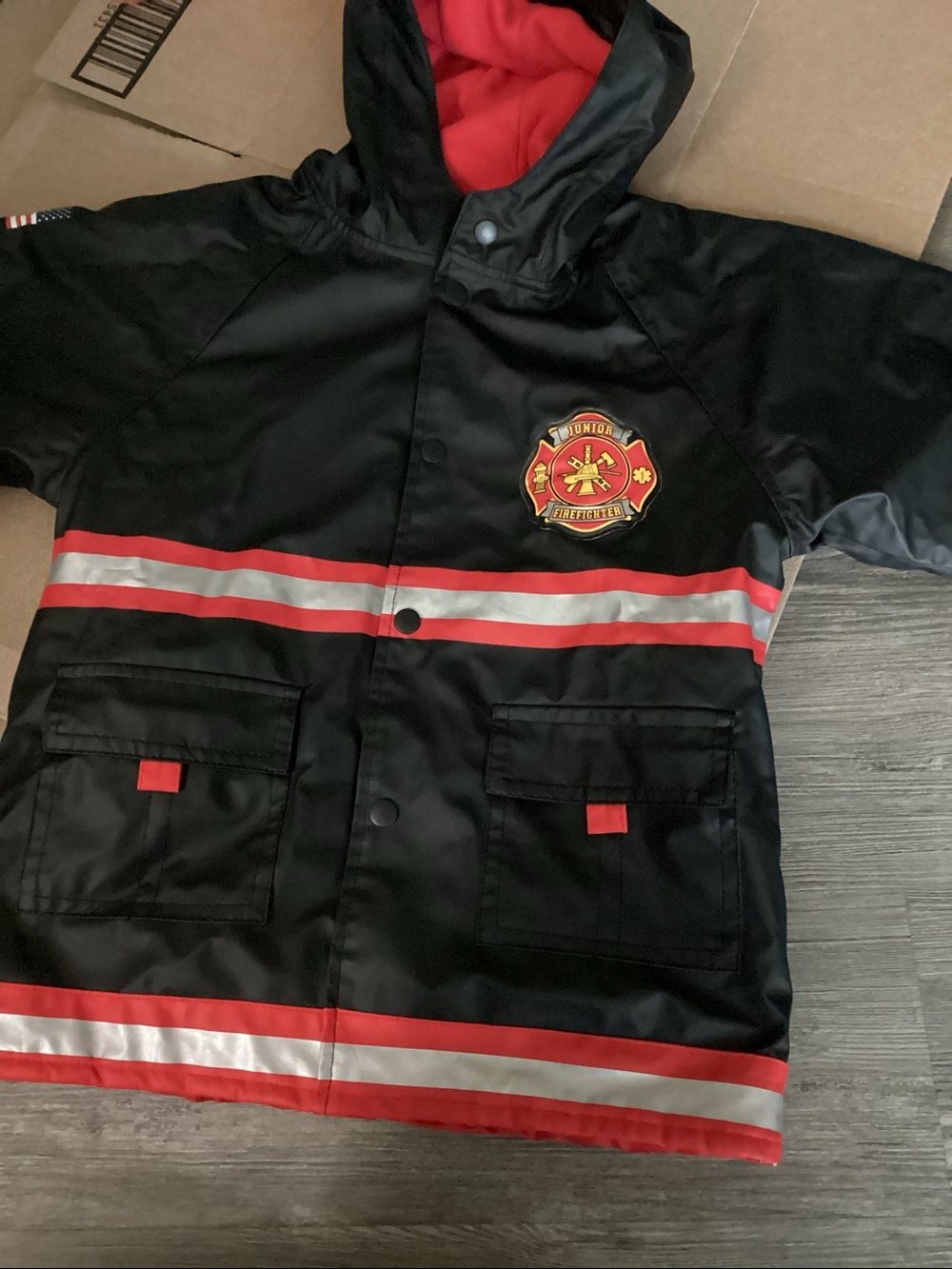 Raincoat  Hooded Boys Size 6. Black Red EUC